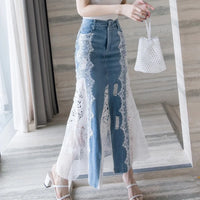 Long Maxi Denim and Lace Fish Tail Skirt Women S-XL Mermaid Style High Waist Summer 2025 Fashion New Ladies Skirts