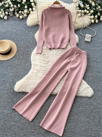 SINGREINY Women Fashion Simple Pants Suits Twist Drill Knit Zipper Sweater+Elastic Wide Leg Pants Autumn Knitted Casual 2Pcs Set