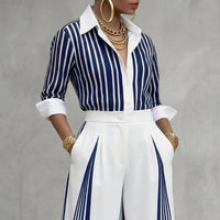 Yeezzi Women Formal Fashion Matching Set Contrast Color Striped Long Sleeve Lapel Blouse Wide Leg Full Length Pants 2 Piece Sets