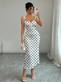 Black Polka Dot Fishtail Dress on White Background, with Double Shoulder Bow Ties + Chest Ruching for Strong Waist Shaping, Slim Fit, Hip-Hugging, Mid-Length Dress