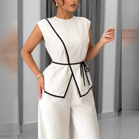 Women Matching Sets Summer Tie Waist Wide Leg Pants Suit Sleeveless Wrap Blazer Top Loose Straight Long Trousers Cozy Outfit