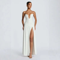 Women Elegant Deep V-Neck Pleated Strapless Dress Chic Off-Shoulder Backless Split Maxi Dresses 2026 Lady Evening Party Vestidos