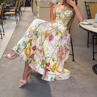 Fashion High Waist Evening Dress Lady Temperament Elegant Floral Printed Halter Dress Summer Sleeveless Slim Pleated Party Dress