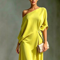 Women One Shoulder Midi Dress Batwing Sleeve Waist Twist Knot Asymmetrical Hem Dress for Cocktail Party Evening Outfit