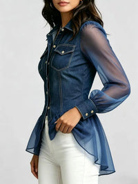 Denim and Mesh Patchwork Blouse with Waist-Cinching Ruffled Hem; Lapel-Collar, Double-Pocket, Puff-Sleeve Denim Shirt