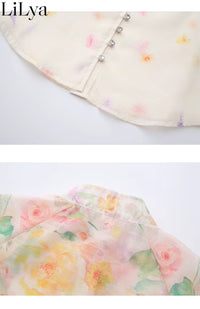 Elegant Sweet Romantic Puff Sleeve Floral 2 Pieces Skirt Set Women Chiffon Shirt Top Elastic Waist Midi Skirt Elegant Woman Set