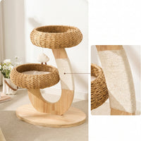 Wooden Cat Tree with Rattan Perch Natural Wood Cat Tree with Perch Pet Furniture Modern Space-Saving for Cats, Indoor