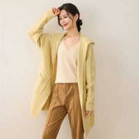 New Women 100% Merino Wool Knitted Solid Color Hodded Long with Two Pockets Cardigan Thick Comfortable Top Warm Soft Clothing