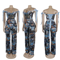 Oil Painting Printed Women'S Set Lace up Back Crop Top and Pants Suit 2025 Fall Winter Two 2 Piece Sets Outfit Tracksuit