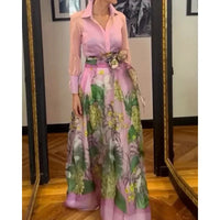 Elegant Floral Print Dress 2 Piece Skirt Suits Women Summer Long Sleeve Shirts Blouse Flower Dress Outfits Beach Holiday Dresses