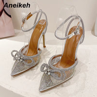 Aneikeh Fashion Transparent PVC Women Pumps Sexy Butterfly-Knot CRYSTAL High Heels Pointed Toe Wedding Prom Sandals Spring Shoes