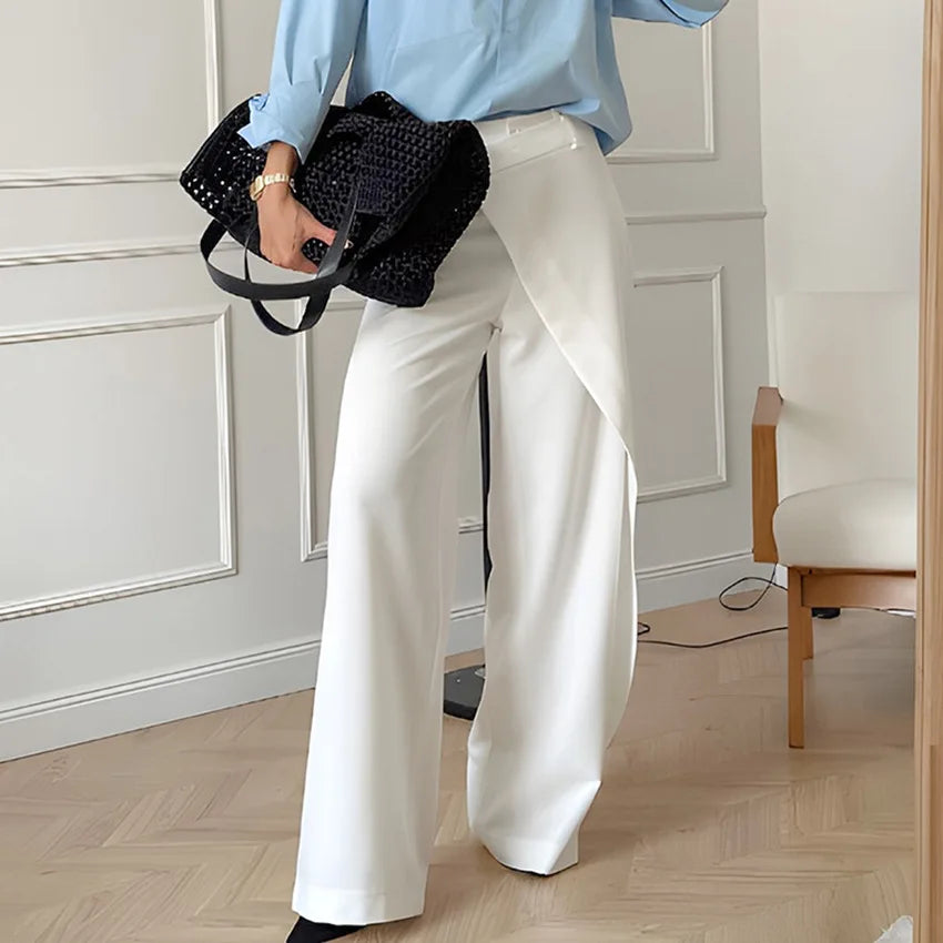 Stylish High Waist Ladies Patchwork Female Long Pants 2026 Summer White Straight Trousers for Women
