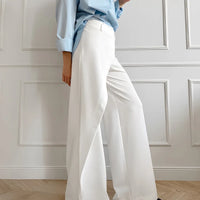 Stylish High Waist Ladies Patchwork Female Long Pants 2026 Summer White Straight Trousers for Women