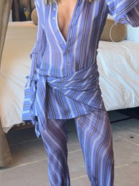 Women Purple Stripe Sheer Shirt Wide Leg Pants 2 Piece Set Lapel Loose Vacation Outfit Suit Fashion Outdoor Travel Daily Outfit