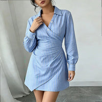 Spring Summer Women V Neck Stripe Pleated Bodycon Dress Dresses Elegant