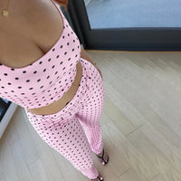 Sexy Spicy Girl Polka Dot Print Headband Short Sleeved Low Neck Top with Micro Flared Pants Three Piece Set