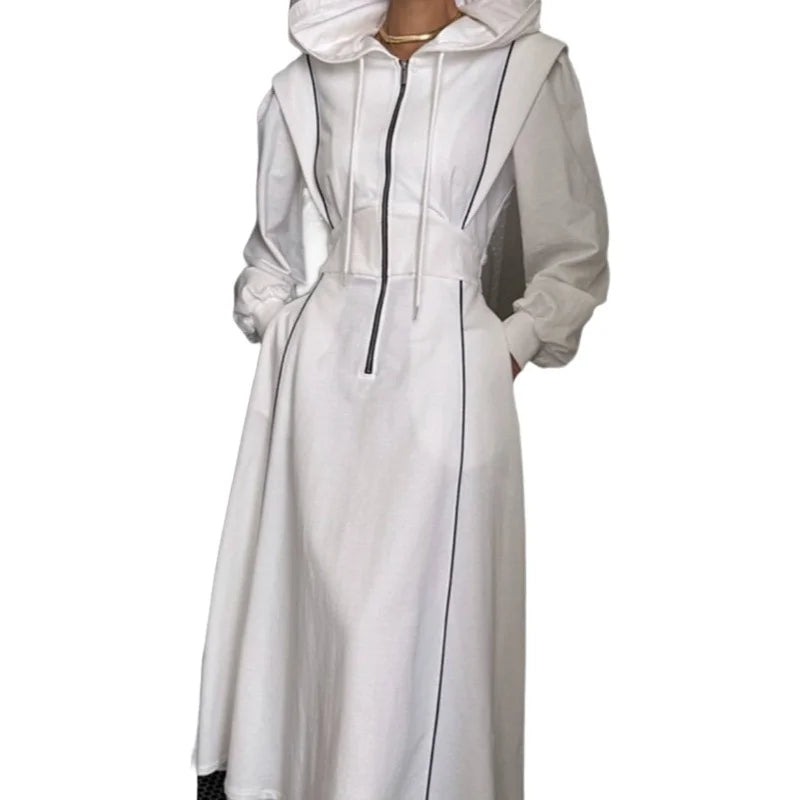 Elegant Korean Dongdaemun Long Hooded Dress Classy Fashionable Korean Style Polyester Fabric Long Sleeve High Waist Skirt