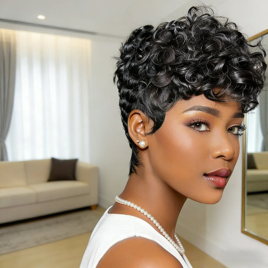 Pixie Human Hair Wig with Curls Short Wigs for Women Full Machine Made Wigs Mullet Wigs