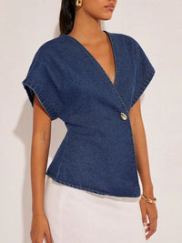2026Women Dark Blue Denim Blouse Women'S Clothing V Neck Short Sleeve Asymmetric Hem Single Button Wrap Peplum Casual Summer Top