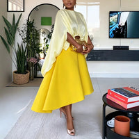 Women Satin Two Piece Outfit Set Batwing Sleeve Cutout Crop Top and Asymmetric Midi Skirt Pockets Elegant Matching Set