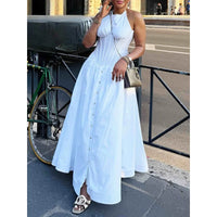 White Elegant Front Button Halter Dress Women Fashion New 2026 Summer Casual Streetwear Vacation A-Line Maxi Dresses