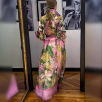 Elegant Floral Print Dress 2 Piece Skirt Suits Women Summer Long Sleeve Shirts Blouse Flower Dress Outfits Beach Holiday Dresses