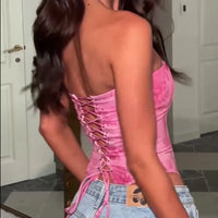 Sexy Strapless Printed Crop Top Slim Corset Lace-Up Camisole Versatile Hollow Out Vest Women Summer Fashion Y2K Clothes Tank Top