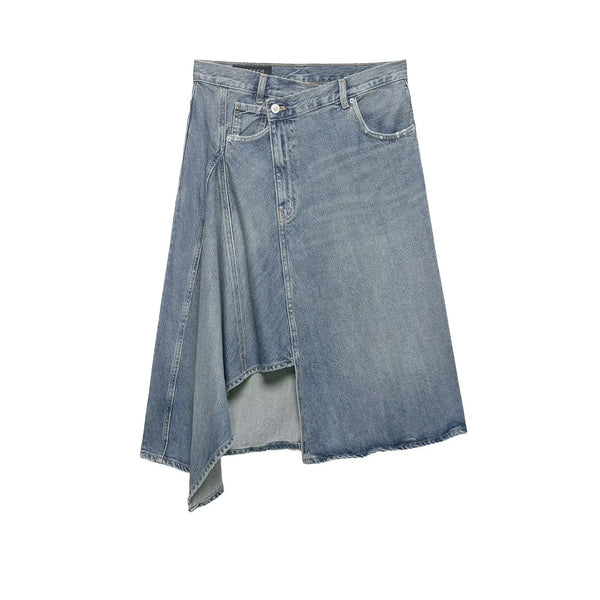 Women'Sasymmetric Denim Skirt New Spring Casual Mid Waist Pocket Women Lace Skirts Fashion Female Chic Skirts