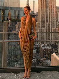 Ruched Halter Maxi Dress Women Sleeveless Backless Irregular Hem Solid Vacation Classic Basis Prom Party Elegant Vestidos