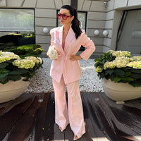 Lapel Women Suit Set Structured Shoulder Tie Waist Long Sleeve Blazer High Waist Wide Leg Trousers Two Piece Suit Daily Fashion