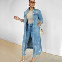 Women Long Denim Jacket Hole Overcoat Single Breasted Pockets Turn down Collar Female Streetwear Vintage Jean Outerwear