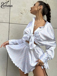 Oymimi Elegant White Print Sets for Women 2 Pieces Fashion Lapel Long Sleeve Button Shirts and High Waisted Side Slit Shorts Set