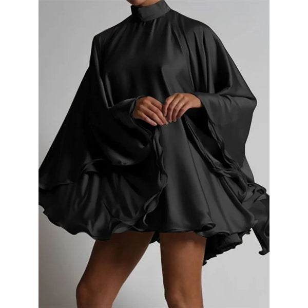 Women Sexy Backless Mini Dress High Neck Flared Sleeves above Knee Ruffled Pleated Dresses Female Black White Solid Color Dress
