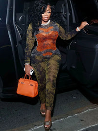 Printing Slim O-Neck Long Sleeve Jumpsuit Women Sexy Popular Body-Shaping Vestidos Girl Party Leisure Pencil Pants