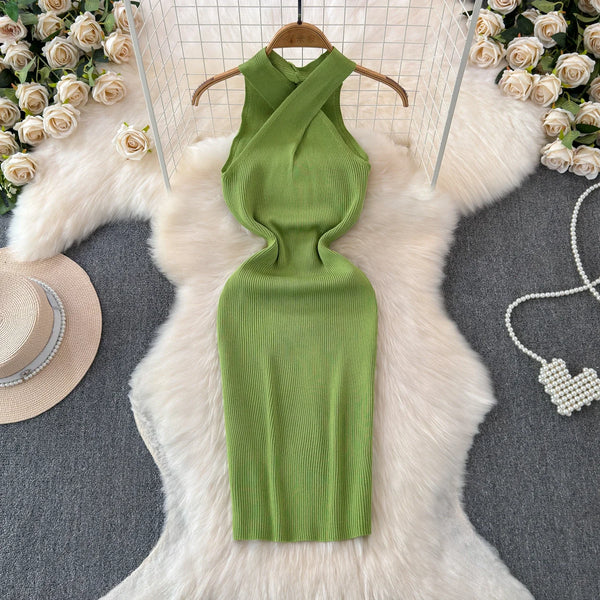 Solid 2024 Cross Knitted Women Dress Summer Strap Sleeveless Bodycon Dress Europe Style Halter Ladies Sexy Midi Long Dress