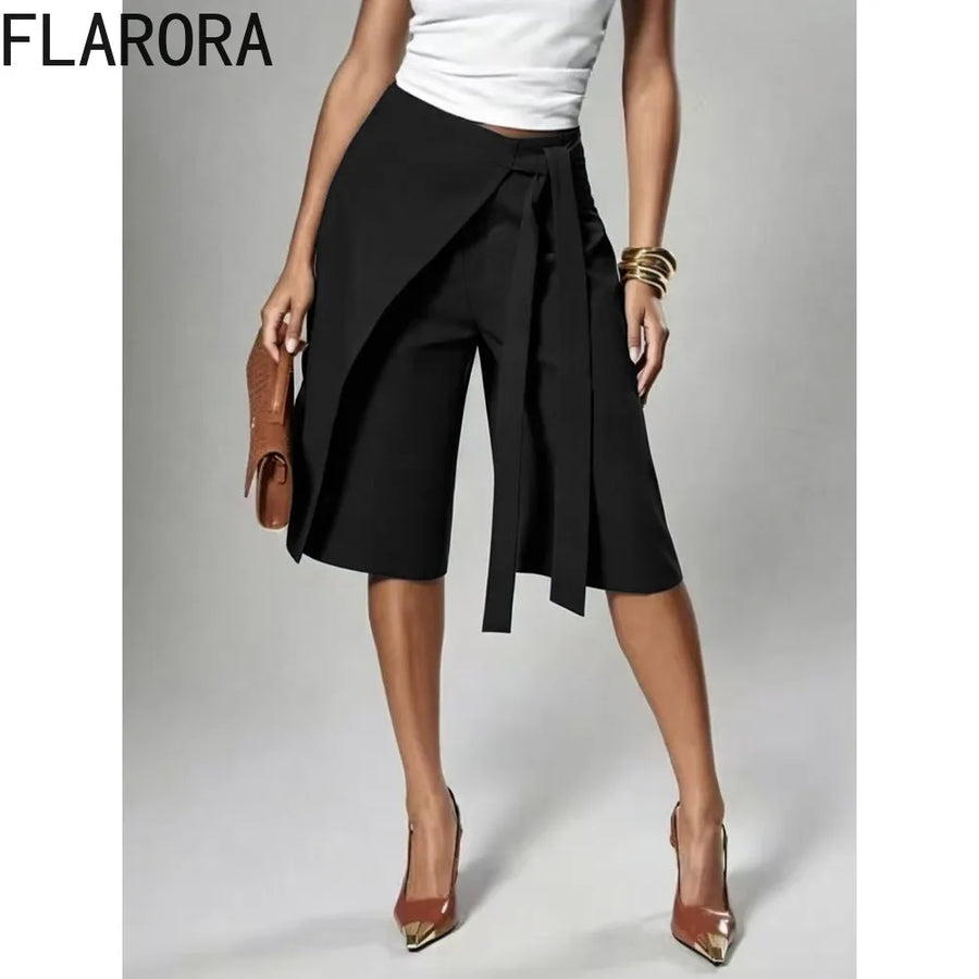Fashion Irregular Overlay Patchwork Knee Length Pants Woman Solid Bandage Wide Leg Pants Office Lady Matching Bottoms