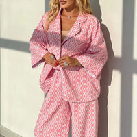 Casual Pink Print Sets Womens 2 Piece Fashion Loose Three Quarter Sleeve Pockets Shirts and Straight Trousers Female Sets
