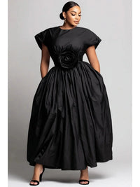 Women plus Size Midi Dress Rose Applique Ball Gown round Neck Short Sleeve High Waist Elegant Formal Party Dress with Pockets