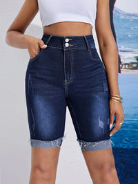 2025 Spring New High Waist Knee Length Denim Shorts for Women Fashion Casual Summer Stretch Tight Rolled up Jeans Shorts