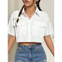 Streetwear Summer Short Sleeved Shirts Women Fashion 2026 New White Pockets Casual Loose Crop Tops Y2K Female Clothes