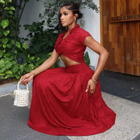 Elegant Women'S Clothing with High-End Pleated Design, A-Line Skirt Set V-Neck Short-Sleeve, Light Luxury New Two-Piece Set