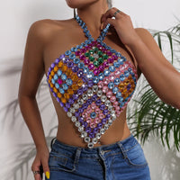 2026 New Arrival Summer Music Festival Rhinestone Crop Top Sexy Backless Crystal Gemstones Halter Neck Top