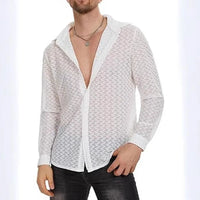 Spring/Summer Hollow-Out Mesh Trend Top Sexy Night Club Party Wear [Star'S Same Style] Men'S Long-Sleeved Lace Perspective Shirt