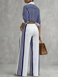 Yeezzi Women Formal Fashion Matching Set Contrast Color Striped Long Sleeve Lapel Blouse Wide Leg Full Length Pants 2 Piece Sets