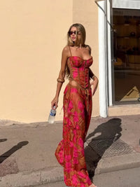 Floral 2 Piece Matching Sets Spaghetti Strap Lace up Corset Drawstring Wide Leg Long Pants Suit Women Chic Vacation Beach Outfit