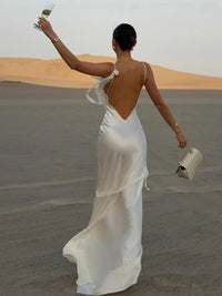 Elegant 3D Flowers Backless Dress Women Bodycon Swing Collar Sleeveless White Sling Maxi Robe 2025 Summer Lady Evevning Vestidos