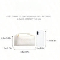 ’S Bag Elegant White Canvas Cosmetic Storage Bag Handheld Embroidered Logo Travel Toiletry Pouch Multi-Purpose Daily Carry