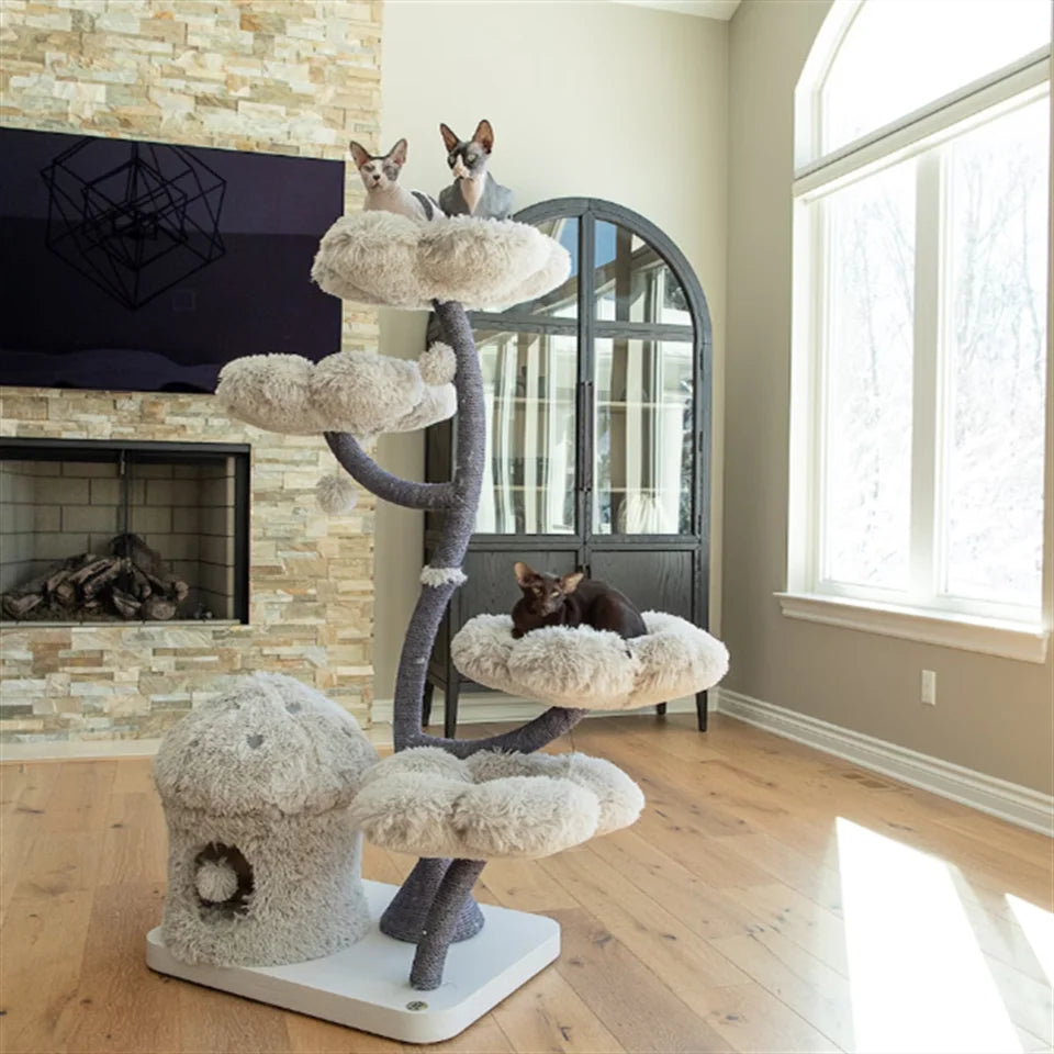 Gray 1 Modern Cat Tree Tower Wooden Flower Cat Tree Wood Floral Cat Climbing Tree Tower for Scratcher Christmas