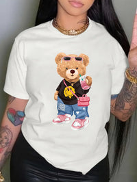 Cool Little Bear Print T-Shirt Short Sleeve Crew Neck Casual Top for Summer & Spring Women'S Clothing