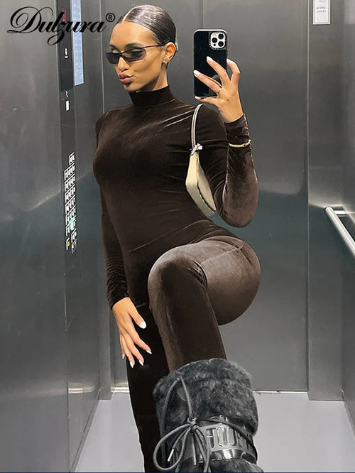 Autumn Velvet Sexy Y2K Clothes Long Sleeve O-Neck Bodycon Skinny Zipper Jumpsuit Women Sporty Streetwear Romper Outfits